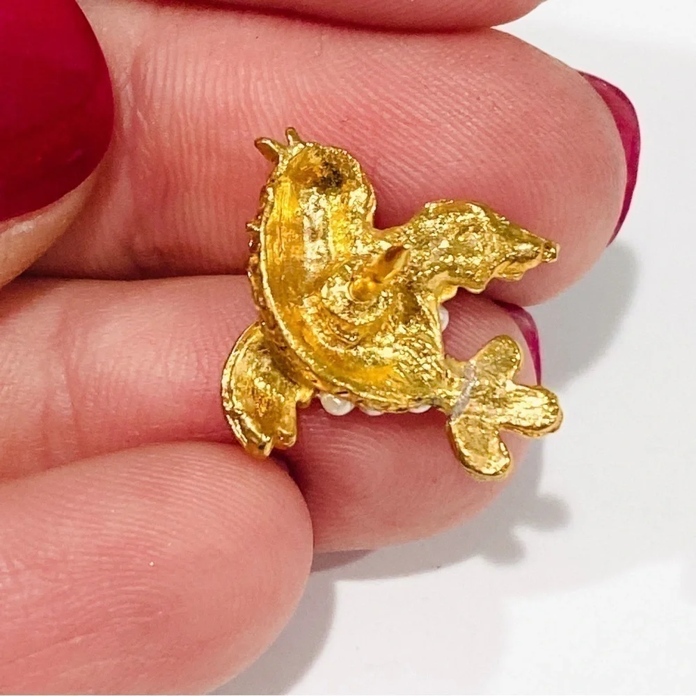 Vintage Miniature Golden Bird Brooch Pin w/ Faux Pearls and Ruby Eye